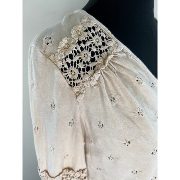 Eri + Ali  Top Beige Pointelle Knit Crochet V-Neck Long Bell Sleeve Boho Top XS - Picture 5 of 10